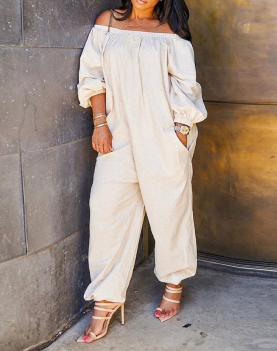 Off Shoulder Solid Lantern Sleeve Jumpsuit